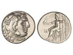 Dracma. 336-323 a.C. ALEJANDRO MAGNO. INCIERTA. Anv.: Cabeza de Hércules con piel de león a derecha. Rev.: Zeus entronizado a izquierda, detrás leyenda, delante ¶, debajo de la silla I. 4,14 grs. AR. 