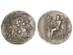 Tetradracma. 130-100 a.C. ALEJANDRO MAGNO. ODESA. Anv.: Cabeza de Hércules con piel de león a derecha. Rev.: Zeus entronizado a izquierda con águila y cetro; en el campo AH, debajo de la silla en mono