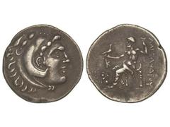 Tetradracma. 200-100 a.C. ALEJANDRO MAGNO. CHIOS. Anv.: Cabeza de Hércules con piel de león a derecha. Rev.: Zeus entronizado a izquierda con águila y cetro, en el campo K y esfinge. 16,42 grs. AR. Pá