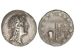 Tetradracma. 93-88 a.C. AESILLAS. THESSALONICA. MACEDONIA. Anv.: Cabeza de Alejandro Magno con los cuernos de Ammon a derecha, detrás de la cabeza ¶. Rev.: AESILLAS. Maza entre hucha y silla de cuesto