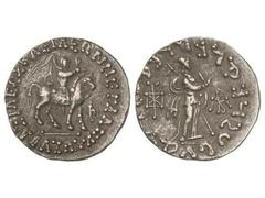 Tetradracma. 35-5 a.C. AZES II. INDOESCITAS DEL PAQUISÁN. Anv.: Guerrero a caballo a derecha, alrededor leyenda. Rev.: Figura en pie a derecha, alrededor leyenda. 9,89 grs. AR. Mitch-750 sim. EBC.