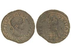 Dupondio. ÉPOCA DE TIBERIO. EMERITA AUGUSTA. Anv.: PERM. AVGVSTI. SALVS AVGVSTA. Cabeza de Livia a derecha. Rev.: AVGVSTA IVLIA. C. A. E. Livia sentada a derecha. 19,46 grs. AE. Pátina verde. ESCASA. 