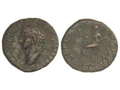 Dupondio. Acuñada el 41 d.C. CLAUDIO. Anv.: TI. CLAVDIVS CAESAR AVG. P. M. TR. P. IMP. Cabeza descubierta a izquierda. Rev.: CERES AVGVSTA S. C. Ceres sentada a izquierda. 14,89 grs. AE. Pátina oscura