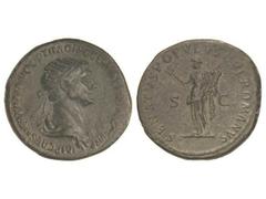 Dupondio. Acuñada el 115 d.C. TRAJANO. Anv.: IMP. CAES. NER. TRAIANO OPTIMO AVG. GER. DAC. P. M. TR.P. COS. VI P. P. Busto radiado a derecha. Rev.: SENATVS POPVLVSQVE ROMANVS S. C. Felicidad en pie a 