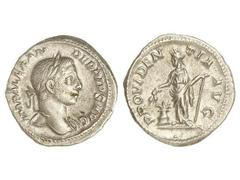 Denario. Acuñada el 231-235 d.C. ALEJANDRO SEVERO. Anv.: IMP. ALEXANDER PIVS AVG. Busto laureado a derecha. Rev.: PROVIDENTIA AVG. Annona en pie a izquierda con espigas y áncora, modio a sus pies. 3,4