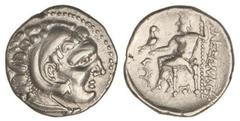 GREEK COINS Dracma. 336-323 a.C. ALEJANDRO MAGNO. MACEDONIA. Anv.: Cabeza de Hércules con piel de león a derecha. Rev.: Zeus entronizado a izquierda, detrás leyenda, delante símbolos. 4,14 grs. AR. Se