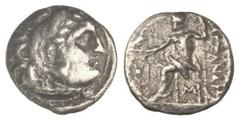 GREEK COINS Dracma. 336-323 a.C. ALEJANDRO MAGNO. MACEDONIA. Anv.: Cabeza de Hércules con piel de león a derecha. Rev.: Zeus entronizado a izquierda, detrás leyenda. 3,49 grs. AR. MBC-/BC.