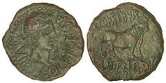 CELTIBERIAN COINS As. ÉPOCA DE AUGUSTO. CELSA. Anv.: COL. V I. CELSA II VIR. Cabeza de Augusto a derecha. Rev.: L. POMPE. BVCCO. L. CORNE. FRONT. Toro a derecha. 13 grs. AE. Pátina verdosa. Algo realz