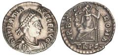 ROMAN COINS: ROMAN EMPIRE Siliqua. Acuñada el 367-375 d.C. GRACIANO. TREVERI. Anv.: D. N. GRATIANVS P. F. AVG. Busto con diadema a derecha. Rev.: URBS ROMA. En exergo: TRPS. Roma sentada a izquierda c