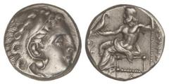 GREEK COINS Dracma. 323-317 a.C. ALEJANDRO MAGNO. LAMPSACO. Anv.: Cabeza de Hércules con piel de león a derecha. Rev.: Zeus entronizado a izquierda, hebilla delante, monograma ¶bajo el trono. 4,25 grs