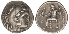 GREEK COINS Dracma. 336-323 a.C. ALEJANDRO MAGNO. MACEDONIA. Anv.: Cabeza de Hércules con piel de león a derecha. Rev.: Zeus entronizado a izquierda, detrá leyenda, delante ¶. 4,21 grs. AR. Se-No cat.
