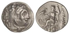 GREEK COINS Dracma. 319-310 a.C. ALEJANDRO MAGNO. Emisión póstuma. COLOFÓN. Anv.: Cabeza de Hércules con piel de león a derecha. Rev.: Zeus entronizado a izquierda, rosa bajo el trono. 4,33 grs. AR. M