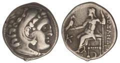 GREEK COINS Dracma. 336-323 a.C. ALEJANDRO MAGNO. URBES INCIERTAS DE MACEDONIA. Anv.: Cabeza de Hércules con piel de león a derecha. Rev.: Zeus entronizado a izquierda, detrás leyenda, delante K, deba