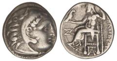 GREEK COINS Dracma. 336-323 a.C. ALEJANDRO MAGNO. INCIERTA. Anv.: Cabeza de Hércules con piel de león a derecha. Rev.: Zeus entronizado a izquierda, detrás leyenda, delante monograma, debajo de la sil