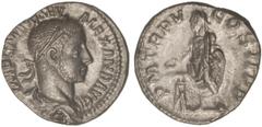 ROMAN COINS: ROMAN EMPIRE Denario. Acuñada el 226 d.C. ALEJANDRO SEVERO. Anv.: IMP. C. M. AVR. SEV. ALEXAND. AVG. Busto laureado a derecha. Rev.: P. M. TR. P. V COS. II P. P. Alejandro Severo en pie a