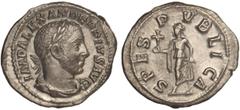 ROMAN COINS: ROMAN EMPIRE Denario. Acuñada el 231-235 d.C. ALEJANDRO SEVERO. Anv.: IMP. ALEXANDER PIVS AVG. Busto laureado a derecha. Rev.: SPES PVBLICA. Esperanza en marcha a izquierda. 3 grs. AR. C-