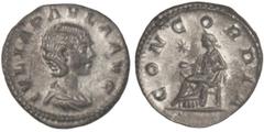 ROMAN COINS: ROMAN EMPIRE Denario. Acuñada el 219 d.C. JULIA PAULA. Anv.: IVLIA PAVLA AVG. Busto a derecha. Rev.: CONCORDIA. Concordia sentada a izquierda con pátera, delante estrella. 2,26 grs. AR. C