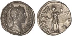 ROMAN COINS: ROMAN EMPIRE Denario. Acuñada el 228-231 d.C. ALEJANDRO SEVERO. Anv.: IMP. SEV. ALEXAND. AVG. Busto laureado a derecha. Rev.: VIRTVS AVG. Alejandro Severo en pie a izquierda con globo y l