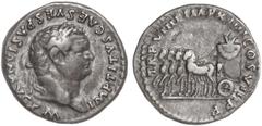 ROMAN COINS: ROMAN EMPIRE Denario. Acuñada el 79-81 d.C. TITO. Anv.: IMP. TITVS CAES. VESPASIAN AVG. P. M. Cabeza laureada a derecha. Rev.: TR. P. VIIII IMP. XIIII COS. VII P. P. Cuadriga a izquierda.
