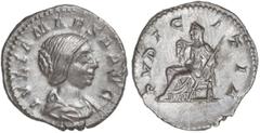ROMAN COINS: ROMAN EMPIRE Denario. Acuñada el 218-222 d.C. JULIA MAESA. Anv.: IVLIA MAESA AVG. Busto a derecha. Rev.: PVDICITIA. Pudibundez sentada a izquierda con cetro. 2,98 grs. AR. C-36. EBC.