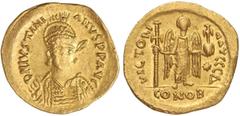 BYZANTINE COINS Sólido. JUSTINIANO I (527-565 d.C.). CONSTANTINOPLA. Anv.: D. N. IVSTINIANVS PP. AVG. Busto de frente con lanza y escudo. Rev.: VICTORIA AVGGG. ¶. En exergo: CONOB; en el campo estrell