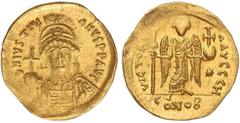 BYZANTINE COINS Sólido. JUSTINIANO I (527-565 d.C.). CONSTANTINOPLA. Anv.: D. N. IVSTINIANVS P. P. AVG. Busto de frente con globo crucífero. Rev.: VICTORIA AVGGG H. En exergo: CONOB; en el campo estre