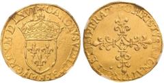 WORLD COINS: FRANCE Ecu d´or au soleil. 1566-A. CARLOS IX. PARÍS. 3,34 grs. AU. Encapsulada por NGC (nº 4625127-003) como MS 63. Ex-Heritage. Fecha en números romanos. Brillo original. Fr-378. SC-.