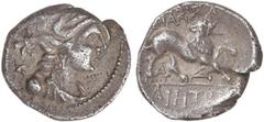GREEK COINS Dracma. 220-100 a.C. MASSALIA. Anv.: Cabeza de Artemisa a derecha con arco y carcaj. Rev.: MA¶A/¶IHT¶N. León a derecha. 2,69 grs. AR. (Ligera grieta). Cy-7. MBC.