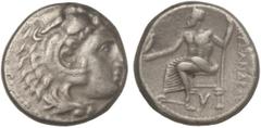 GREEK COINS Dracma. 336-323 a.C. ALEJANDRO MAGNO. SARDES. Anv.: Cabeza de Hércules con piel de león a derecha. Rev.: Zeus entronizado a izquierda, E¶I delante, cabeza de león debajo. 4,24 grs. AR. Pri