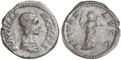 ROMAN COINS: ROMAN EMPIRE Denario. Acuñada el 202-212 d.C. PLAUTILLA. Anv.: PLAVTILLA AVGVSTA. Busto a derecha. Rev.: PIETAS AVGG. Piedad en pie a derecha con cetro y niño en brazos. 3,64 grs. AR. C-1