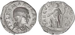 ROMAN COINS: ROMAN EMPIRE Denario. Acuñada el 223 d.C. JULIA MAESA. Anv.: IVLIA MAESA AVG. Busto a derecha. Rev.: SAECVLI FELICITAS. Felicidad en pie a izquierda con pátera y caduceo, a sus pies altar