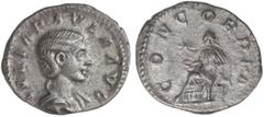 ROMAN COINS: ROMAN EMPIRE Denario. Acuñada el 219d.C. JULIA PAULA. Anv.: IVLIA PAVLA AVG. Busto a derecha. Rev.: CONCORDIA. Concordia sentada a izquierda con pátera; estrella en campo. 2,28 grs.,. AR.