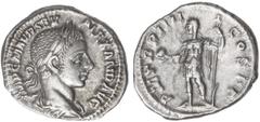ROMAN COINS: ROMAN EMPIRE Denario. Acuñada el 222-228 d.C. ALEJANDRO SEVERO. Anv.: IMP. C. M. AVR. SEV. ALEXAND. AVG. Busto a derecha. Rev.: P. M. TR. P. IIII COS. P. P. Alejandro Severo a izquierda c