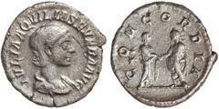 ROMAN COINS: ROMAN EMPIRE Denario. Acuñada el 220 d.C. AQUILIA SEVERA. Anv.: IVLIA AQVILIA SEVERA AVG. Busto a derecha. Rev.: CONCORDIA. Heliogábalo y Aquilia en pie, dándose la mano. 2,70 grs. AR. (L