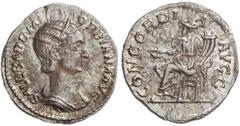 ROMAN COINS: ROMAN EMPIRE Denario. Acuñada el 235 d.C. ORBIANA. Anv.: SALL. BARBIA. ORBIANA. AVG. Busto diademado a derecha. Rev.: CONCORDIA AVGG. Concordia sentada a izquierda con pátera y doble corn