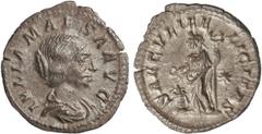 ROMAN COINS: ROMAN EMPIRE Denario. Acuñada el 223 d.C. JULIA MAESA. Anv.: IVLIA MAESA AVG. Busto a derecha. Rev.: SAECVLI FELICITAS. Felicidad en pie a izquierda con pátera y caduceo, a sus pies altar
