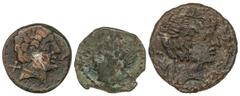 Celtiberian Coins Lote 3 monedas Semis y As (2). CARTEIA, CELSE y DAMANIU. AE. Semis CARTEIA: reverso Delfín a izquierda, encima S retrógada, debajo P. IVL. Q.; As CELSE: reverso Jinete con palma a de