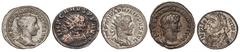 Roman Coins Lote 5 monedas Follis, Tetradracma, Antoniniano (3). CARO, FILIPO I, GALIENO, GORDIANO III, LICINIO. AE y AR. GORDIANO III Antoniniano C-142, GALIENO Tetradracma ALEJANDRÍA GIC-4629 var., 