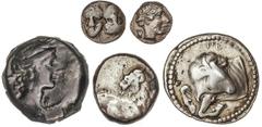 GREEK COINS Ancient Greece Lote 5 monedas Divisor, Tetartemorion, Hemióbolo, Hemidracma y Tetróbolo. AE y AR (4). Incluye Divisor Massalia AE, Hemidracma Cherronesos Tracia Se-1605 var., Hemióbolo Ist