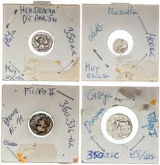 GREEK COINS Ancient Greece Lote 9 monedas. AE y AR. Incluye Hemidracma de Parión, Óbolo de Massalia, 2x Dracma Alejandro Magno, Dracma ¿Apolonia? Dracma con tripode, Bronce AE38 Ptolemaico de Alejandr