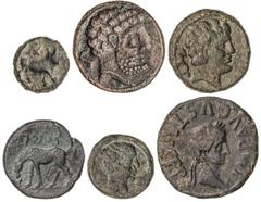 CELTIBERIAN COINS Celtiberian Coins Lote 6 monedas Cuandrante, Semis (2) y As (3). SECAISA (2), SEGIA, SECOBRIGA, TURIASO época de AUGUSTO e INCIERTA EMISIÓN LEYENDA FENICIA. AE. Incluye Semis y As Se