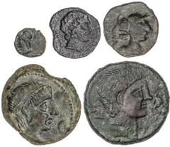 CELTIBERIAN COINS Celtiberian Coins Lote 5 monedas Divisor, Cuadrante, Semis y As (2). BILBILIS, INCIERTA TIPO CORAZA, CASTULO, CELSE y LAELIA. AE. Incluye As Bilbilis, Divisor Incierta Tipo Coraza ca