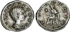 ROMAN COINS: ROMAN EMPIRE Roman Coins - Empire Denario. Acuñada el 219 d.C. JULIA PAULA. Anv.: IVLIA PAVLA. Busto a derecha. Rev.: CONCORDIA. Concordia sentada a izquierda. 3,62 grs. AR. Pátina. C-6a;