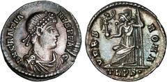 ROMAN COINS: ROMAN EMPIRE Roman Coins - Empire Silícua. Acuñada el 378-383 d.C. GRACIANO. TREVERI. Anv.: D. N. GRATIANVS P. F. AVG. Busto laureado a derecha. Rev.: VRBS ROMA TRPS. Roma sentada a izqui