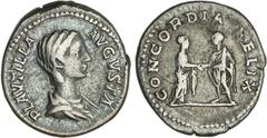 ROMAN COINS: ROMAN EMPIRE Roman Coins Denario. Acuñada el 202-212 d.C. PLAUTILLA. Anv.: PLAVTILLA AVGVSTA. Busto de Plautilla a derecha. Rev.: CONCORDIA FELIX. Caracalla y Plautilla en pie frente a fr