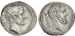 ROMAN COINS: ROMAN REPUBLIC Roman Republic Denario. 54 a.C. JUNIA. Q. Caepio Brutus. Anv.: BRVTVS. Cabeza de Junius Brutus el anciano a derecha. Rev.: AHALA. Cabeza de Servilius Ahala a derecha. 3,94 