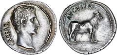 ROMAN COINS: ROMAN EMPIRE Roman Empire Denario. Acuñada el 21-20 a.C. AUGUSTO. Samos. Anv.: CAESAR. Cabeza descubierta de Augusto a derecha. Rev.: AVGVSTVS. Ternera a derecha. 3,79 grs. Marca de cambi