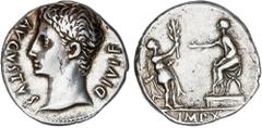 ROMAN COINS: ROMAN EMPIRE Roman Empire Denario. Acuñada el 15-13 a.C. AUGUSTO. LUGDUNUM (Lyon). Anv.: AVGVSTVS DIVI F. Cabeza descubierta de Augusto a izquierda. Rev.: IMP. X. Soldado entregando rama 