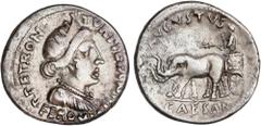 ROMAN COINS: ROMAN EMPIRE Roman Empire Denario. Acuñada el 19 a.C. AUGUSTO. P. Petronius Turpilianus. Anv.: P. PETRON. TVRPILIAN III. VIR. FERO. Busto diademado de Feronia a derecha. Rev.: AVGVSTVS CA