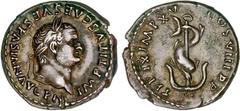 ROMAN COINS: ROMAN EMPIRE Roman Empire Denario. Acuñada el 79 d.C. TITO. Anv.: IMP. TITVS CAES. VESPASIAN. AVG. P. M. Cabeza laureada a derecha. Rev.: TR. P. IX. IMP. XV. COS. VIII. P.P. Delfín enrosc